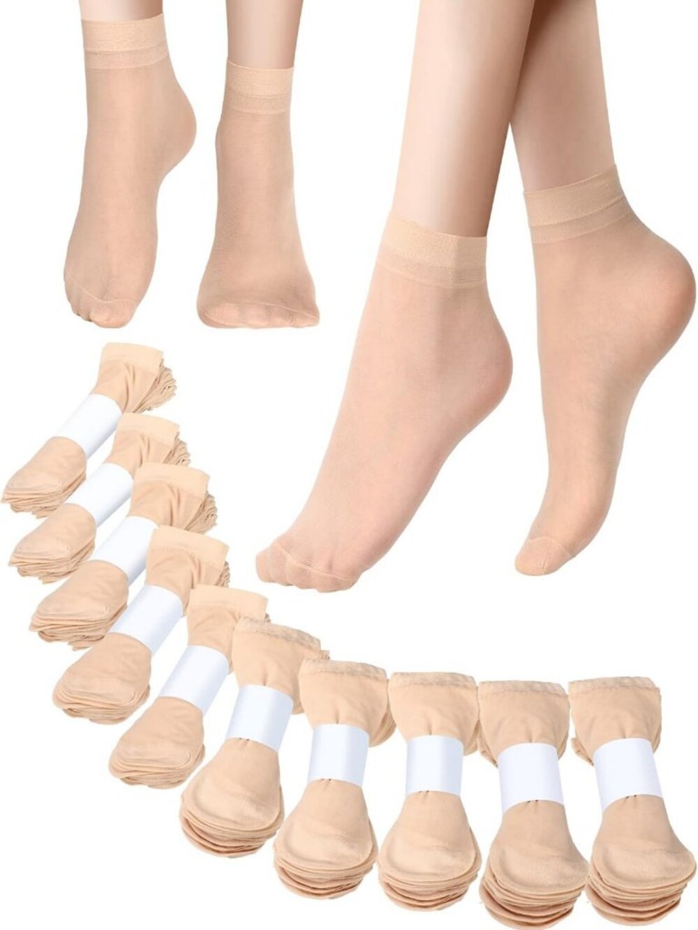 100 Pairs Women's Sheer Nylon Ankle Socks - Skin Tone Hosiery, Bulk Pack